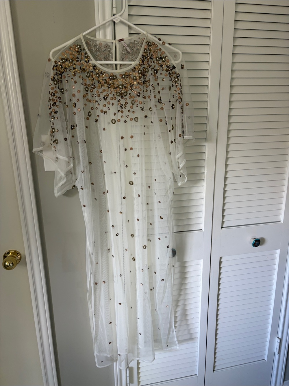 Free People Sheer White Midi Dress with Gold Sequin Embellishments